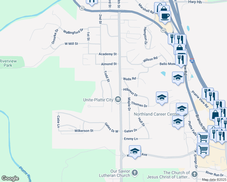 map of restaurants, bars, coffee shops, grocery stores, and more near 1601 Todd Street in Platte City