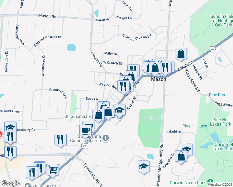 map of restaurants, bars, coffee shops, grocery stores, and more near 311 Reading Road in Mason