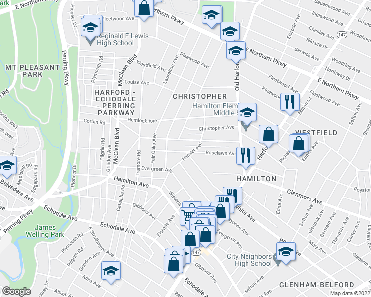 map of restaurants, bars, coffee shops, grocery stores, and more near 2612 Roselawn Avenue in Baltimore