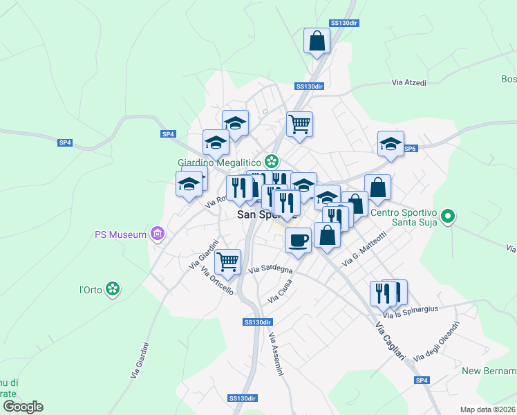 map of restaurants, bars, coffee shops, grocery stores, and more near 29B Via Risorgimento in San Sperate