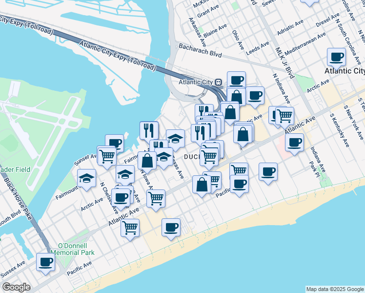 map of restaurants, bars, coffee shops, grocery stores, and more near 114 North Florida Avenue in Atlantic City