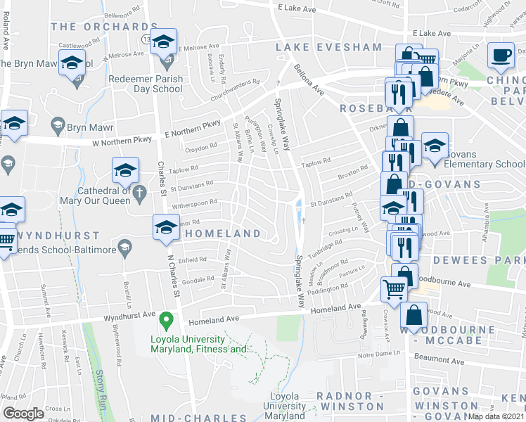 map of restaurants, bars, coffee shops, grocery stores, and more near 208 Witherspoon Road in Baltimore