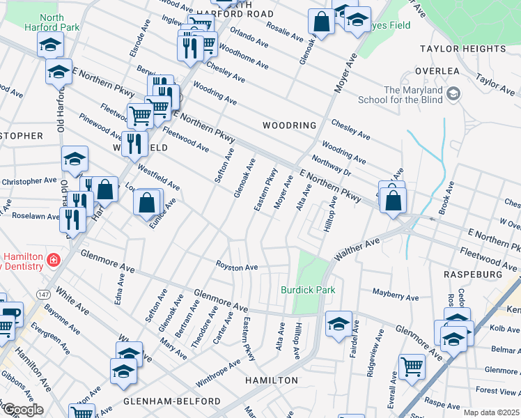 map of restaurants, bars, coffee shops, grocery stores, and more near 6501 Pinewood Avenue in Baltimore