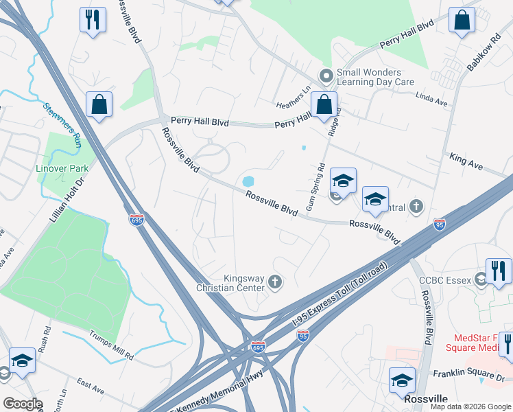 map of restaurants, bars, coffee shops, grocery stores, and more near 7526 Rossville Boulevard in Rosedale