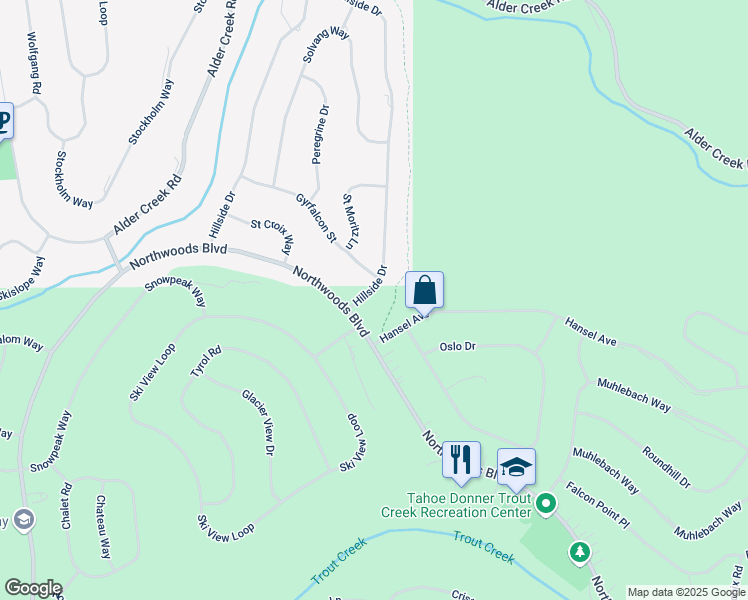 map of restaurants, bars, coffee shops, grocery stores, and more near 12387 Hillside Drive in Truckee