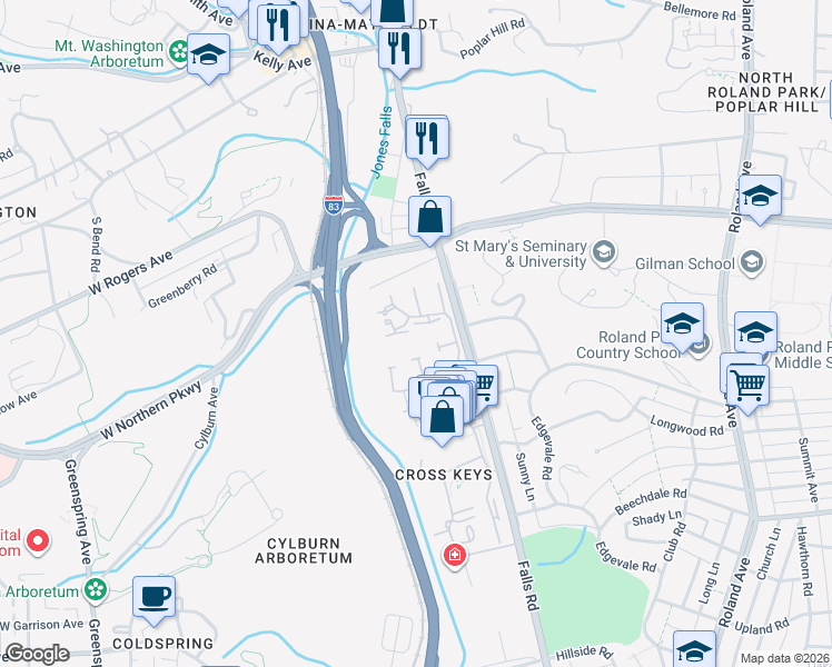 map of restaurants, bars, coffee shops, grocery stores, and more near 105 Cross Keys Road in Baltimore