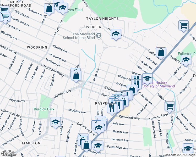 map of restaurants, bars, coffee shops, grocery stores, and more near 3805 West Overlea Avenue in Baltimore