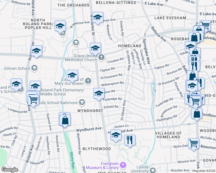 map of restaurants, bars, coffee shops, grocery stores, and more near 103 Witherspoon Road in Baltimore