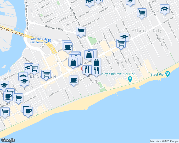 map of restaurants, bars, coffee shops, grocery stores, and more near 1809 Pacific Avenue in Atlantic City