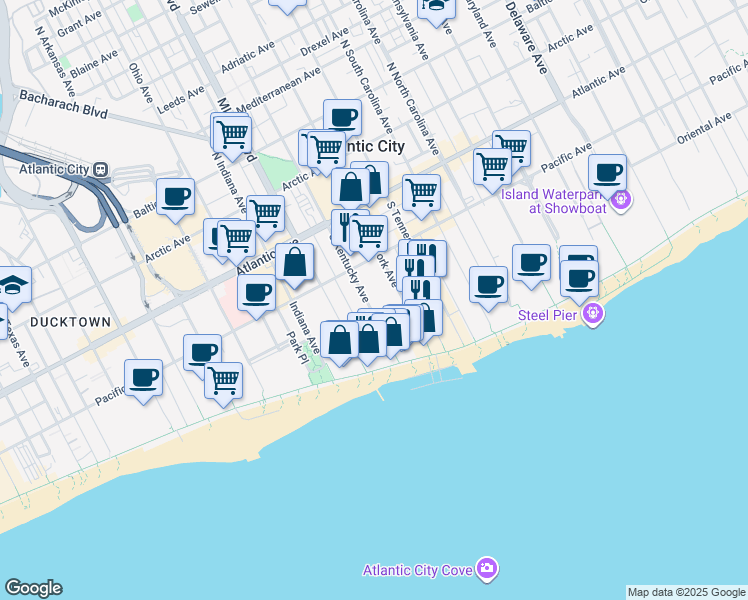 map of restaurants, bars, coffee shops, grocery stores, and more near 127 South Kentucky Avenue in Atlantic City