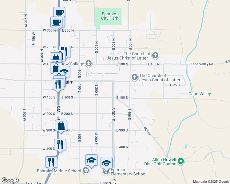 map of restaurants, bars, coffee shops, grocery stores, and more near 67 South 300 East in Ephraim