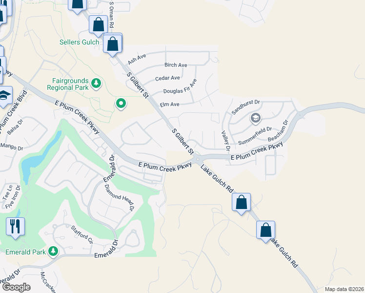 map of restaurants, bars, coffee shops, grocery stores, and more near 1253 South Gilbert Street in Castle Rock