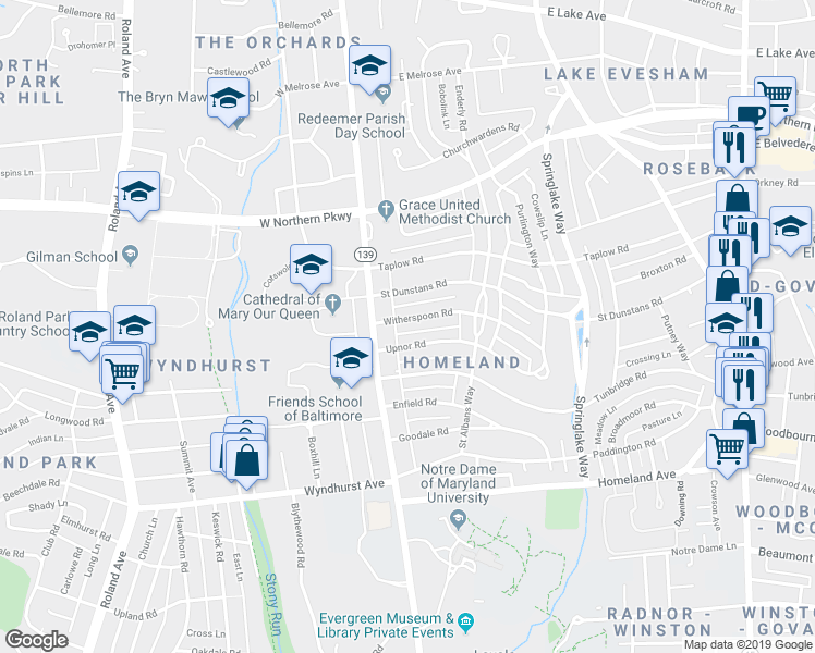 map of restaurants, bars, coffee shops, grocery stores, and more near 103 Witherspoon Road in Baltimore