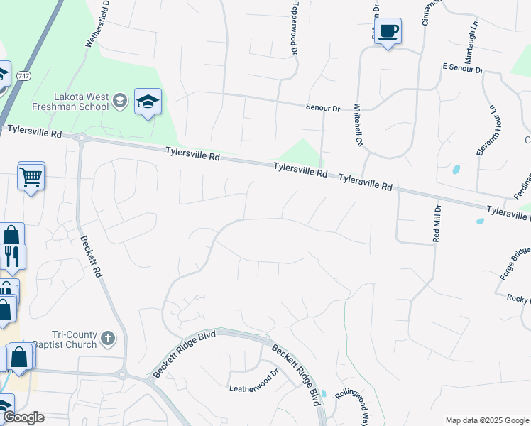 map of restaurants, bars, coffee shops, grocery stores, and more near 5364 Crossbridge Drive in Beckett Ridge