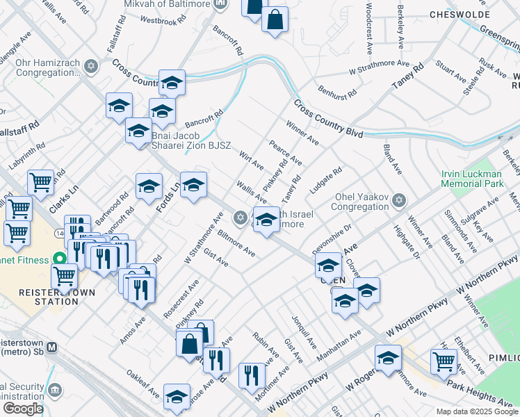 map of restaurants, bars, coffee shops, grocery stores, and more near 3505 Pinkney Road in Baltimore