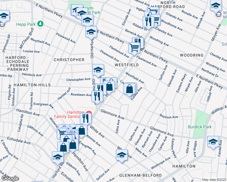 map of restaurants, bars, coffee shops, grocery stores, and more near 6111 Harford Road in Baltimore