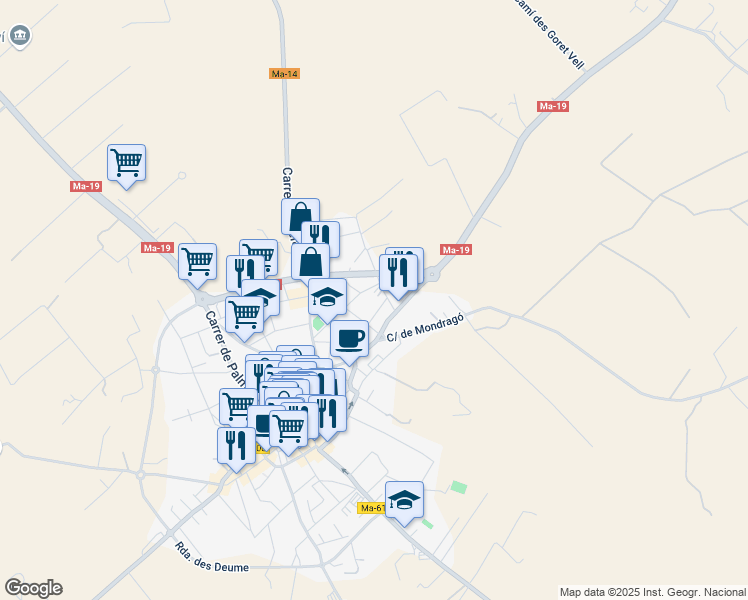 map of restaurants, bars, coffee shops, grocery stores, and more near 5 Carrer de ses Coves d'es Vicari in Santanyí