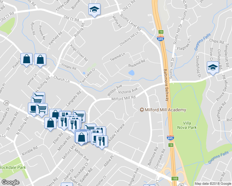 map of restaurants, bars, coffee shops, grocery stores, and more near 3813 Victoria Avenue in Milford Mill