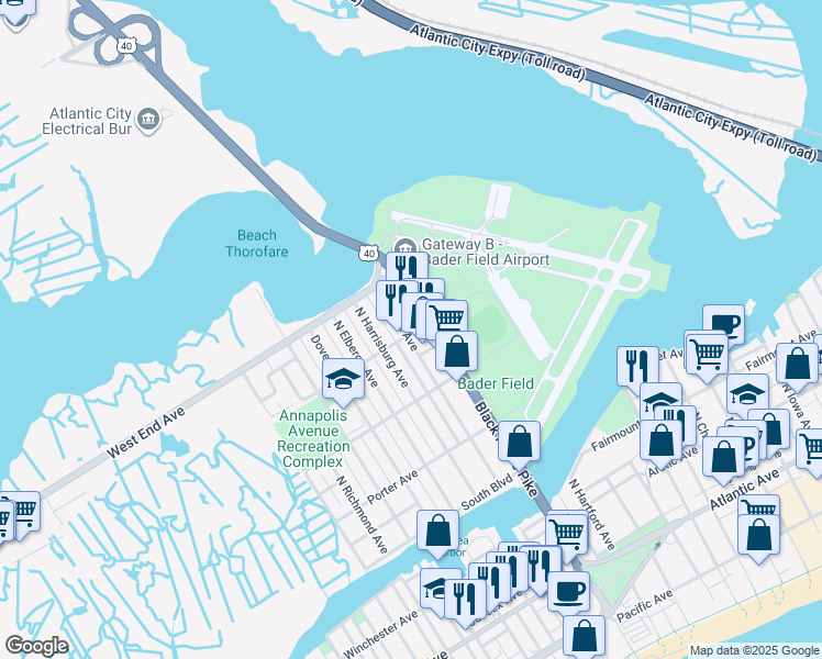 map of restaurants, bars, coffee shops, grocery stores, and more near 601 Crossan Avenue in Atlantic City