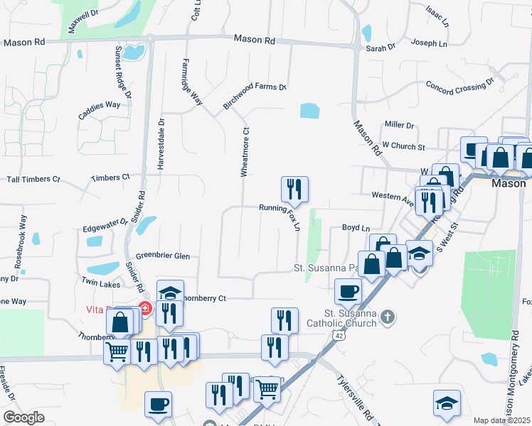map of restaurants, bars, coffee shops, grocery stores, and more near 5795 Running Fox Lane in Mason