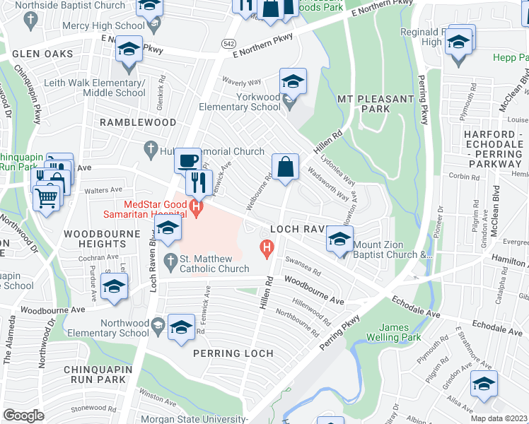 map of restaurants, bars, coffee shops, grocery stores, and more near 1654 East Belvedere Avenue in Baltimore