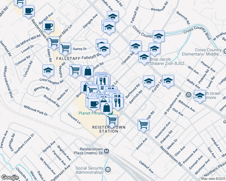 map of restaurants, bars, coffee shops, grocery stores, and more near 4001 Clarks Lane in Baltimore