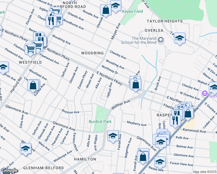 map of restaurants, bars, coffee shops, grocery stores, and more near 3427 Fleetwood Avenue in Baltimore
