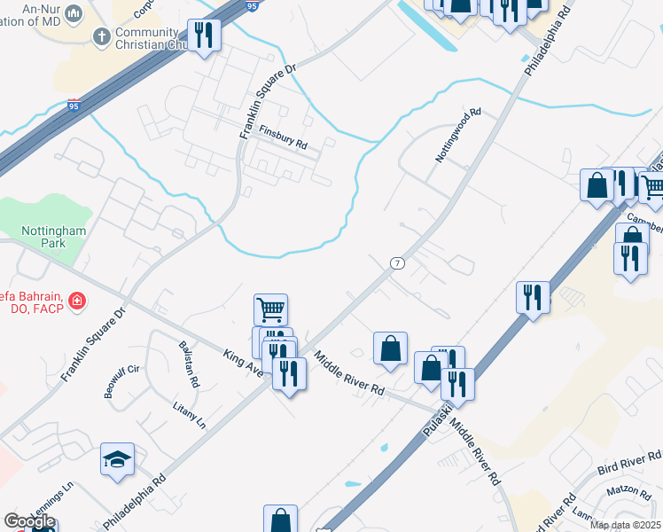 map of restaurants, bars, coffee shops, grocery stores, and more near 47 King Richard Court in Rosedale