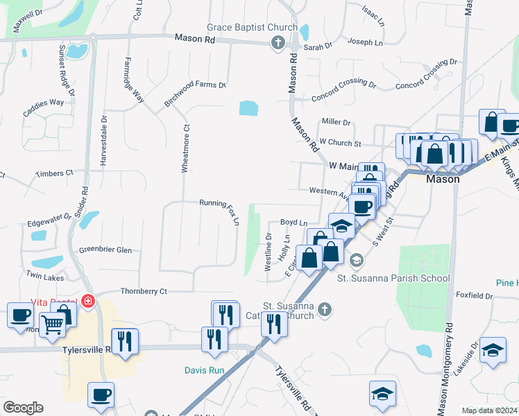 map of restaurants, bars, coffee shops, grocery stores, and more near 639 Lindemann Lane in Mason