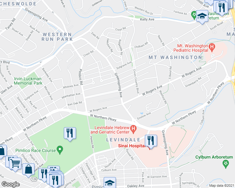 map of restaurants, bars, coffee shops, grocery stores, and more near 5506 Greenspring Avenue in Baltimore