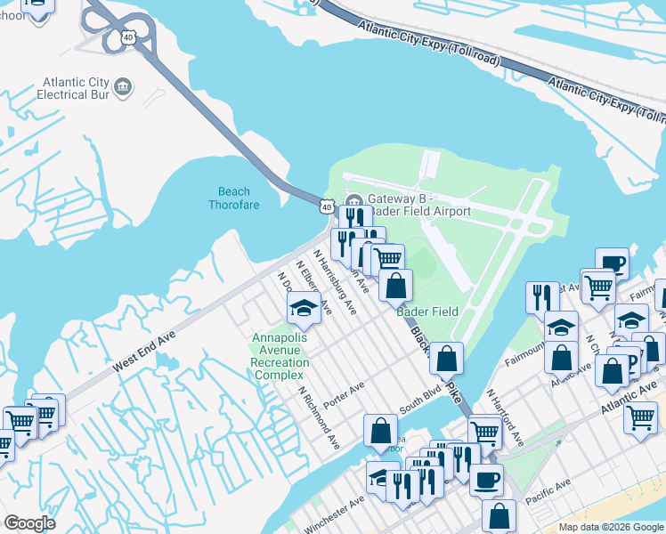 map of restaurants, bars, coffee shops, grocery stores, and more near 713 North Harrisburg Avenue in Atlantic City