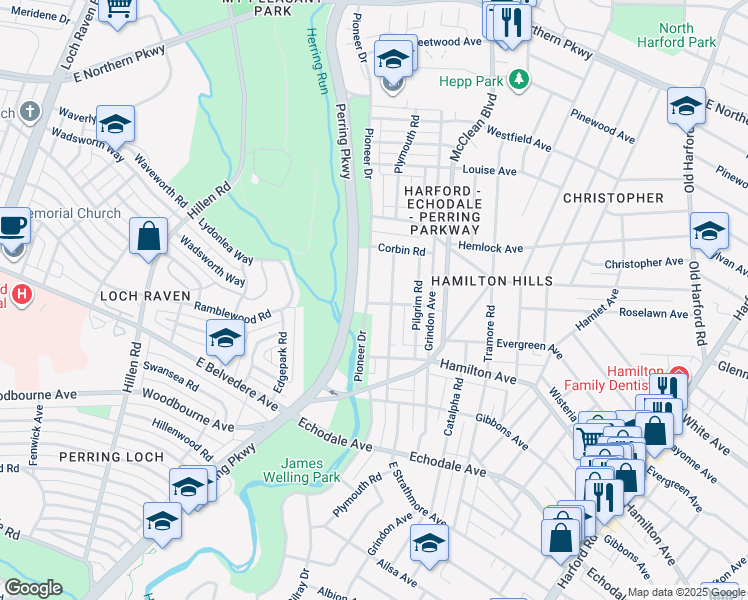 map of restaurants, bars, coffee shops, grocery stores, and more near 5601 Pioneer Dr in Baltimore
