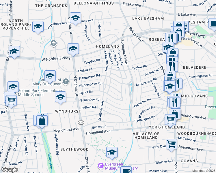 map of restaurants, bars, coffee shops, grocery stores, and more near 5215 Saint Albans Way in Baltimore
