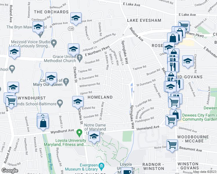 map of restaurants, bars, coffee shops, grocery stores, and more near 5215 Saint Albans Way in Baltimore