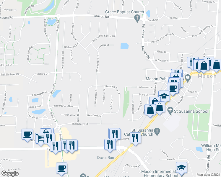 map of restaurants, bars, coffee shops, grocery stores, and more near 5795 Running Fox Lane in Mason