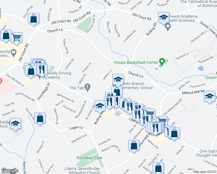 map of restaurants, bars, coffee shops, grocery stores, and more near 3598 Yennar Lane in Milford Mill