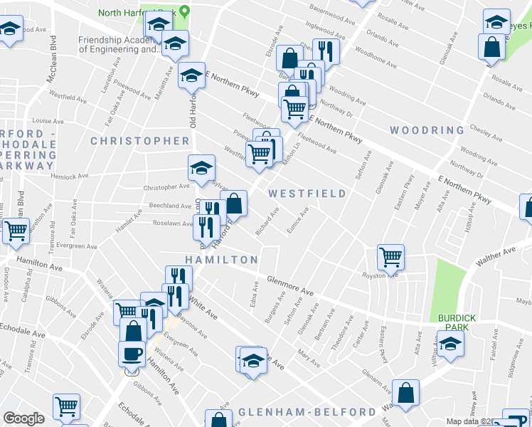 map of restaurants, bars, coffee shops, grocery stores, and more near 3016 Royston Ave in Baltimore
