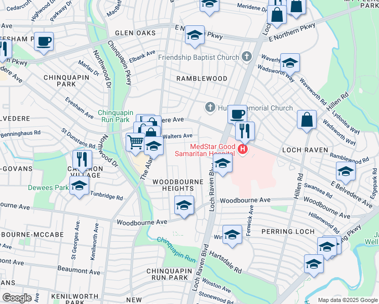 map of restaurants, bars, coffee shops, grocery stores, and more near 23 Leith Walk in Baltimore