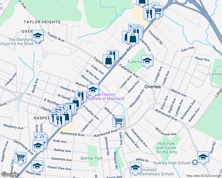 map of restaurants, bars, coffee shops, grocery stores, and more near 16 East Elm Avenue in Baltimore