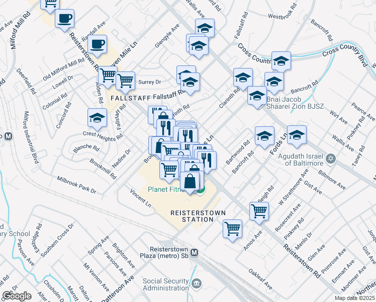 map of restaurants, bars, coffee shops, grocery stores, and more near 6707 Reisterstown Road in Baltimore