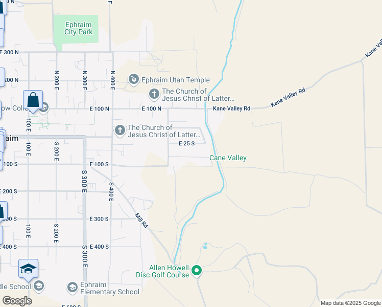 map of restaurants, bars, coffee shops, grocery stores, and more near 681 East 70 South in Ephraim