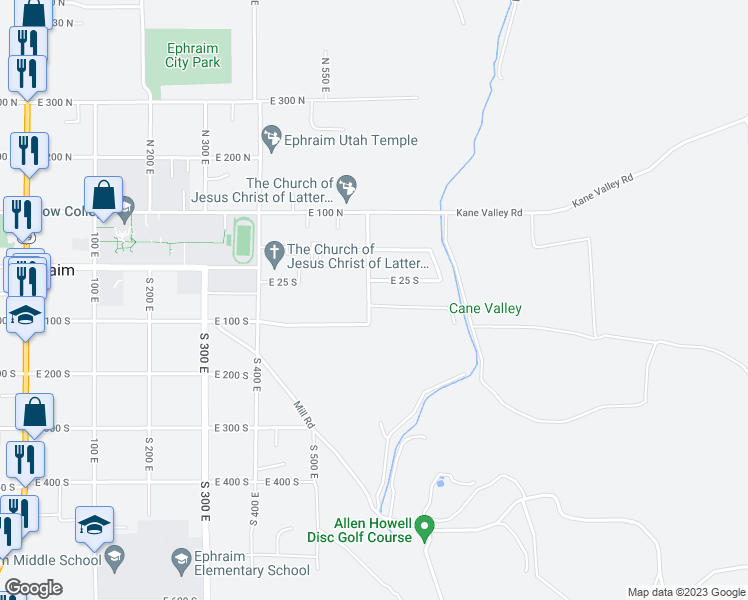 map of restaurants, bars, coffee shops, grocery stores, and more near 609 East 70 South in Ephraim