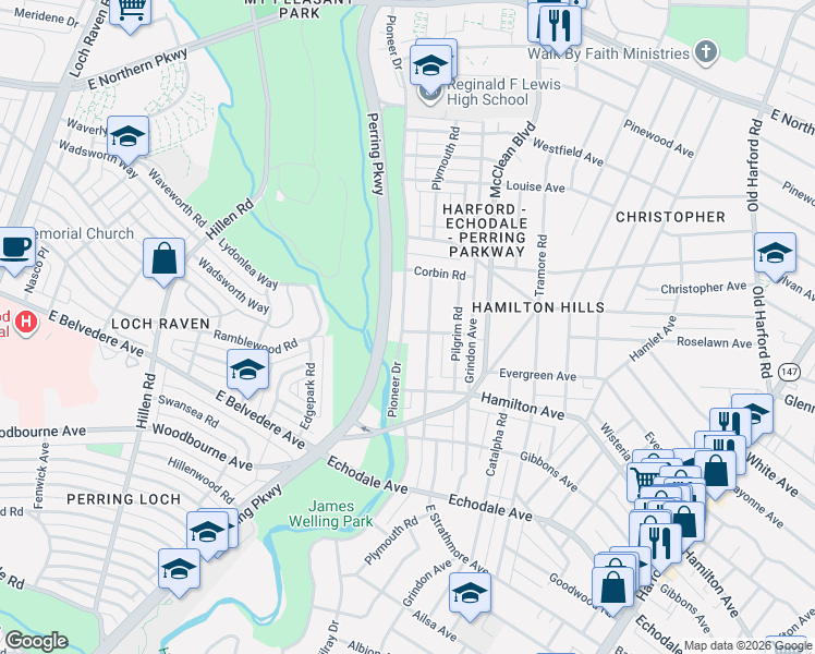 map of restaurants, bars, coffee shops, grocery stores, and more near 5601 Pioneer Drive in Baltimore