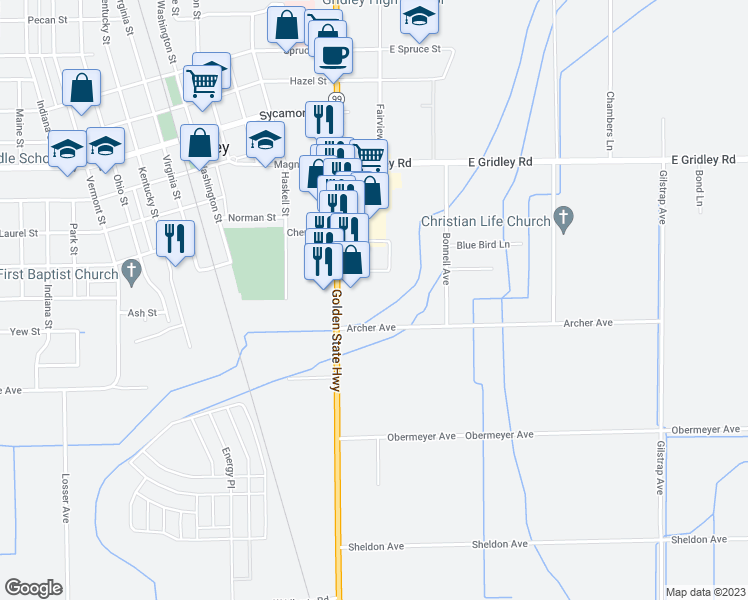 map of restaurants, bars, coffee shops, grocery stores, and more near 1470 California 99 in Gridley