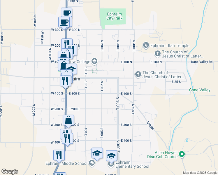 map of restaurants, bars, coffee shops, grocery stores, and more near 263 East 100 South in Ephraim