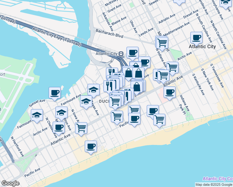 map of restaurants, bars, coffee shops, grocery stores, and more near 20 North Mississippi Avenue in Atlantic City