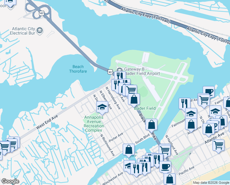 map of restaurants, bars, coffee shops, grocery stores, and more near 713 North Harrisburg Avenue in Atlantic City