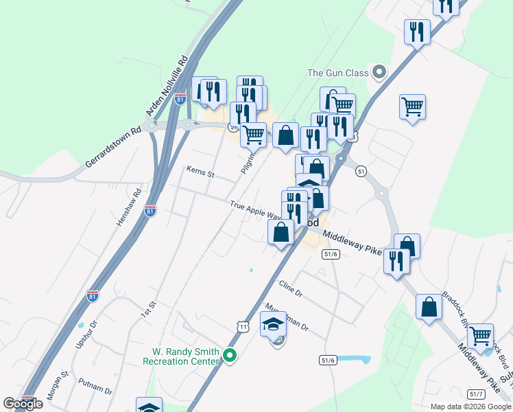 map of restaurants, bars, coffee shops, grocery stores, and more near 219 True Apple Way in Inwood