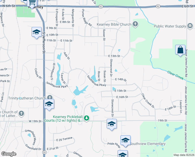 map of restaurants, bars, coffee shops, grocery stores, and more near 1405 Rose Street in Kearney