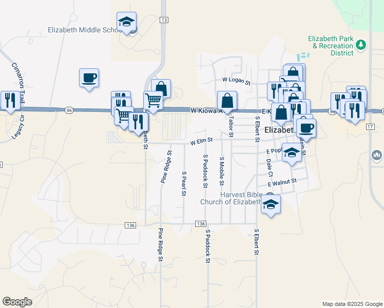 map of restaurants, bars, coffee shops, grocery stores, and more near 350 South Pearl Street in Elizabeth